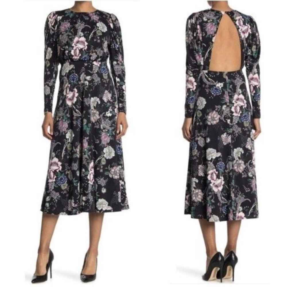 AFRM Delilah Floral Midi Dress Black Noir Rose Open Back Long Sleeve Small S